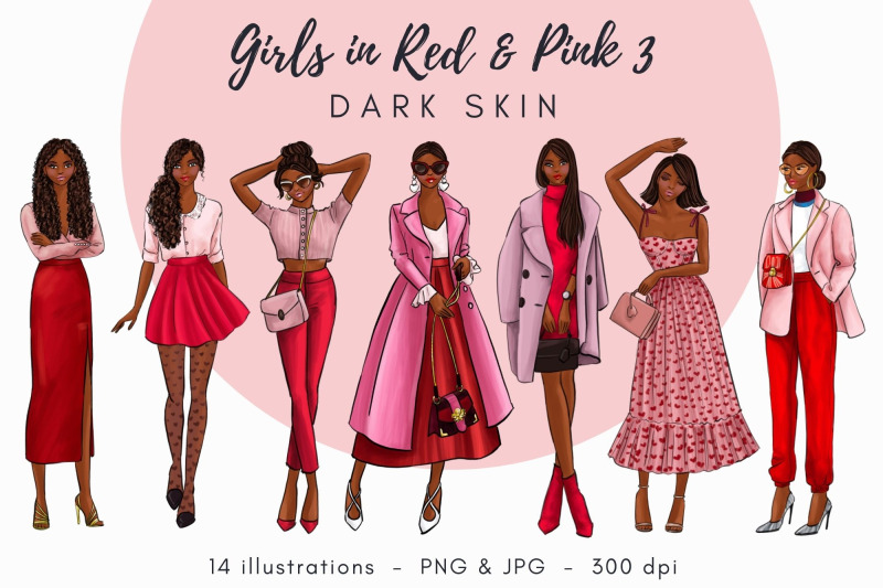 girls-in-red-amp-pink-3-dark-skin-watercolor-fashion-clipart