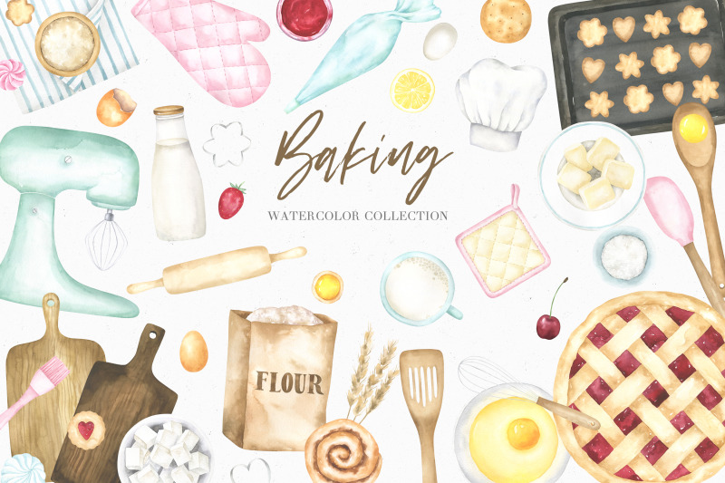 baking-utensils-and-ingredients-watercolor-collection