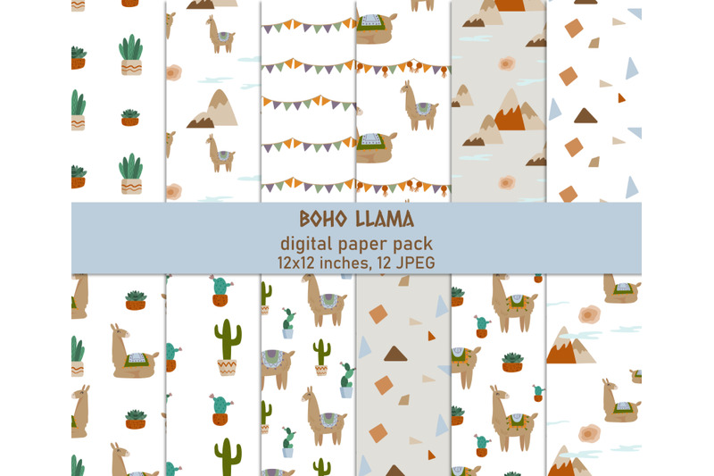 llama-digital-paper-animal-digital-paper-boho-baby-digital-paper