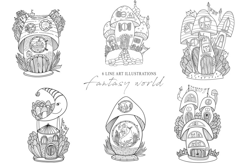 magic-cartoon-mushroom-coloring-pages-6-line-illustrations