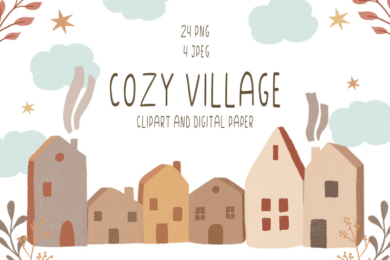 cozy-village-clipart-png-houses-digital-paper-winter-frame-clipart