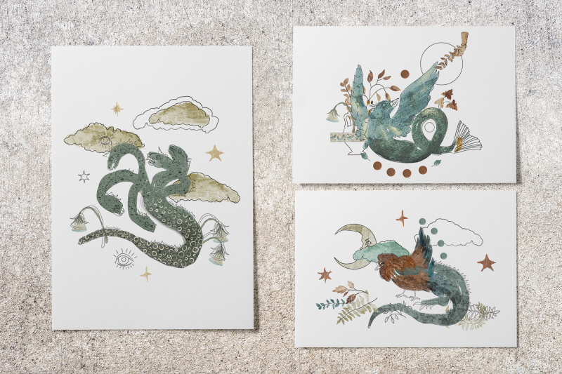 mythical-animals-posters-compositions-set-sublimation-designs