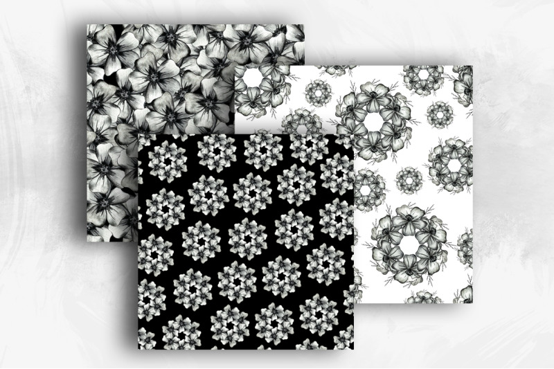 12-black-and-white-flower-digital-paper-monochrome-marigold-seamless-patterns
