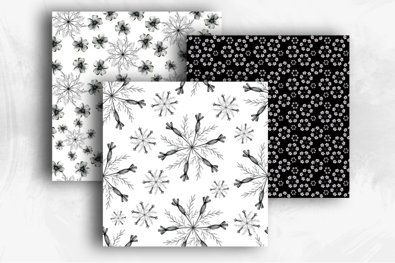 12-black-and-white-flower-digital-paper-monochrome-marigold-seamless-patterns