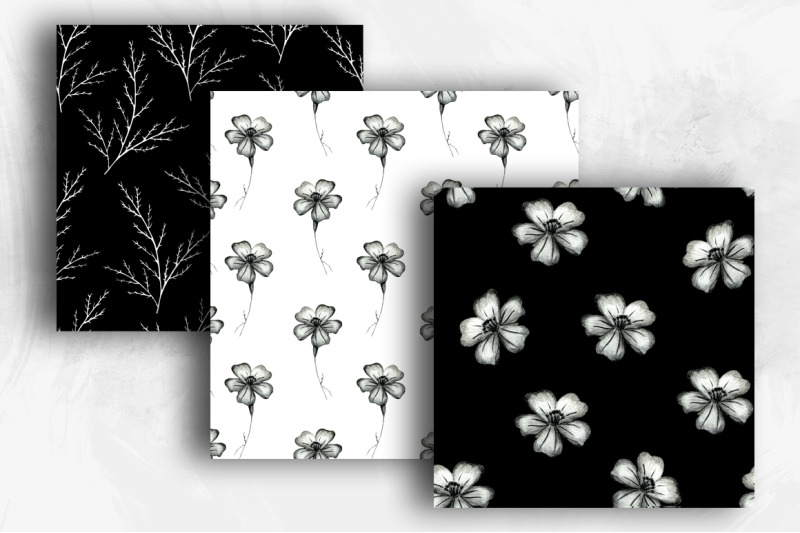 12-black-and-white-flower-digital-paper-monochrome-marigold-seamless-patterns