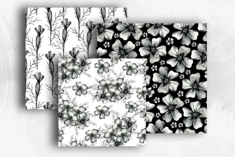 12-black-and-white-flower-digital-paper-monochrome-marigold-seamless-patterns
