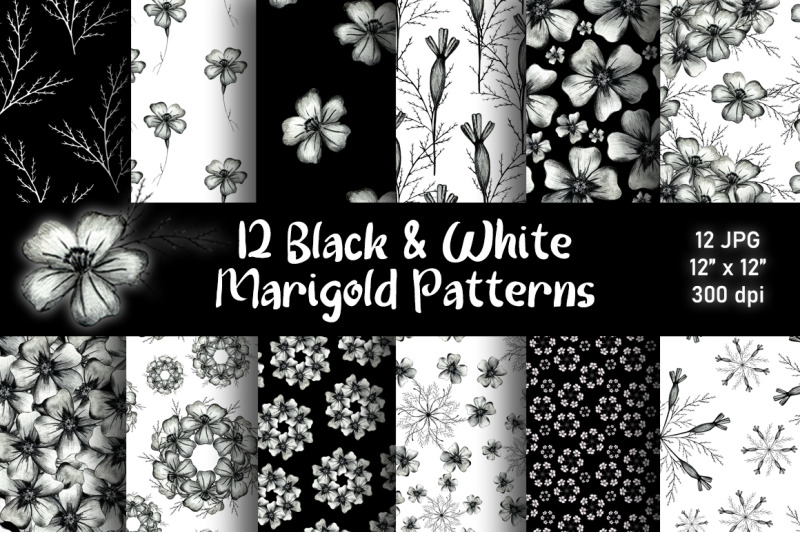 12-black-and-white-flower-digital-paper-monochrome-marigold-seamless-patterns