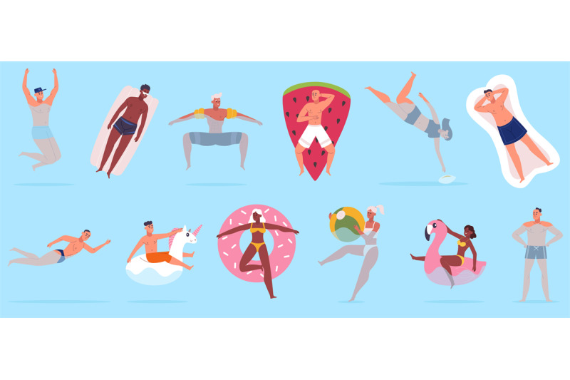 pool-swimming-characters-people-floating-in-sea-with-rubber-swim-toys