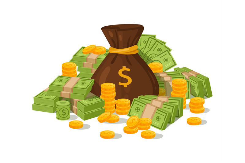 cartoon-money-bag-dollar-cash-stack-and-gold-coins-bundle-of-banknot