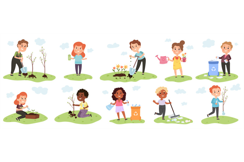 kids-sorting-garbage-and-planting-trees-environment-protection-scenes