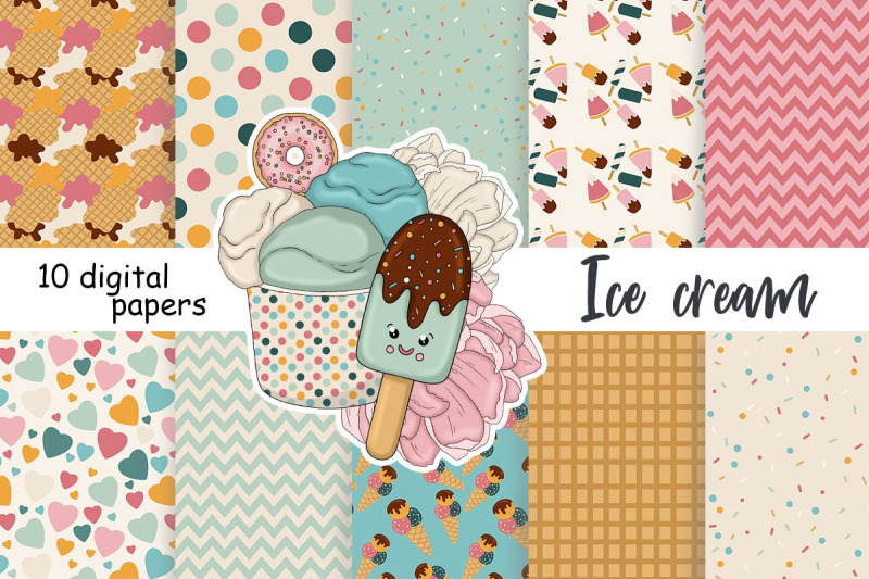 ice-cream-cone-digital-paper-retro-seamless-pattern-set