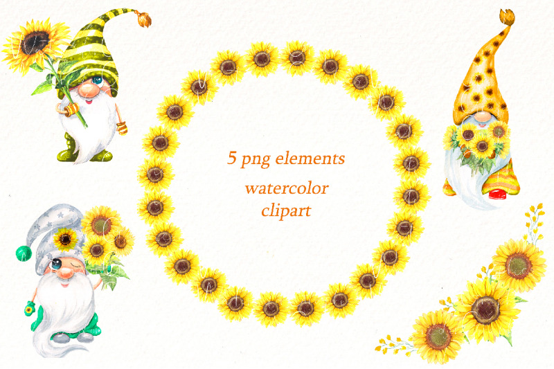 watercolor-summer-gnomes-clipart-with-sunflowers-bouquet-png
