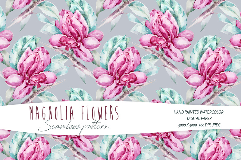 watercolor-magnolia-seamless-pattern-on-grey-background