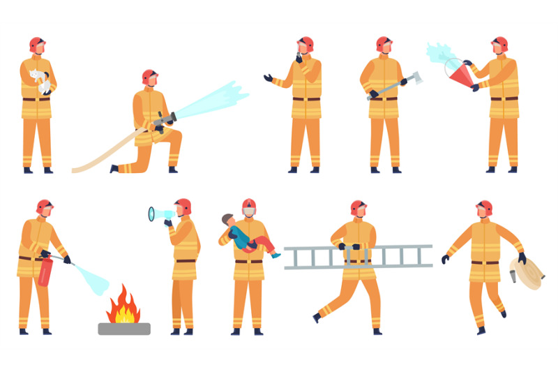 flat-firefighter-character-with-hose-bucket-fire-extinguisher-and-ax