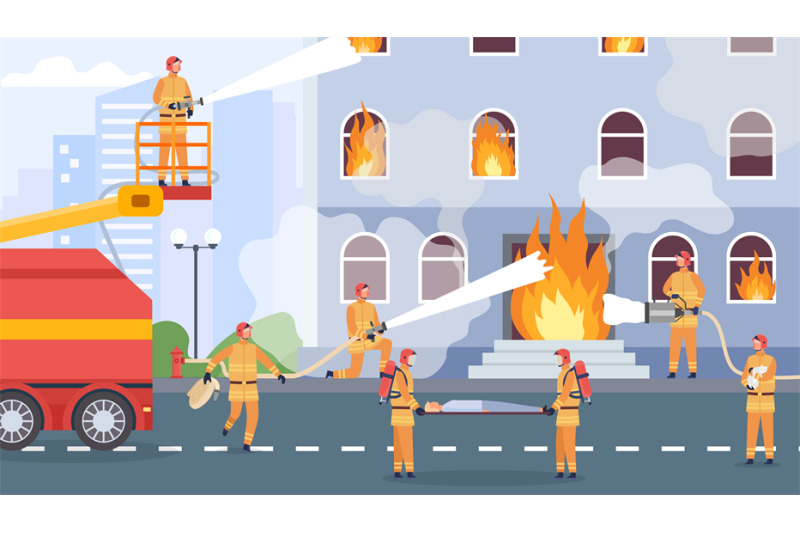 fire-fighting-team-extinguish-burning-building-and-rescue-people-fire