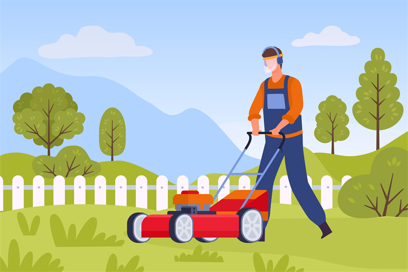 flat-lawn-mower-service-worker-character-in-garden-man-with-lawnmower