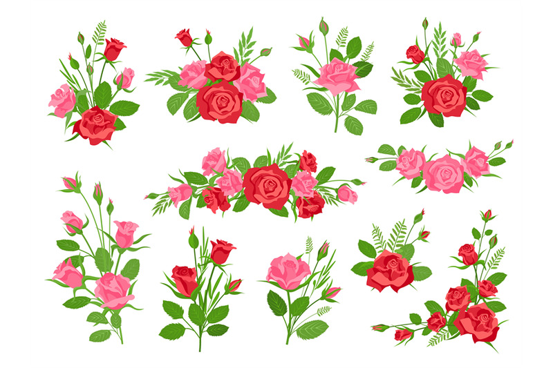 cartoon-pink-and-red-rose-floral-bouquets-with-leaves-and-grass-vinta