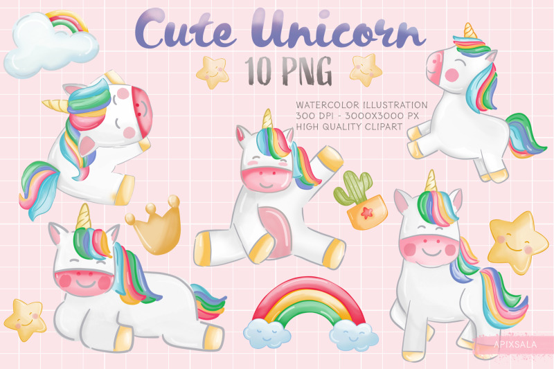 cute-unicorn-watercolor-clipart-bundle