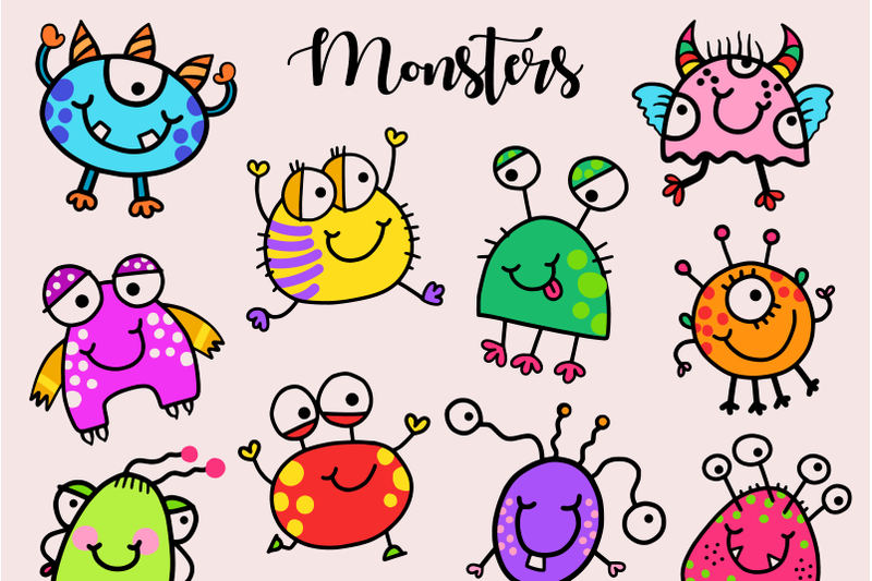 funny-cartoon-doodle-little-monsters-vector-clipart-set