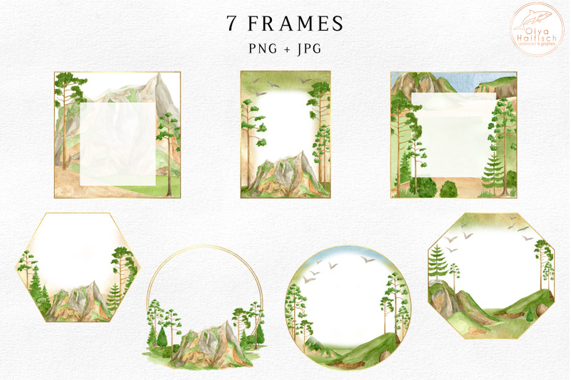 watercolor-mountains-frames-clipart-woodland-landscape-border-wreath