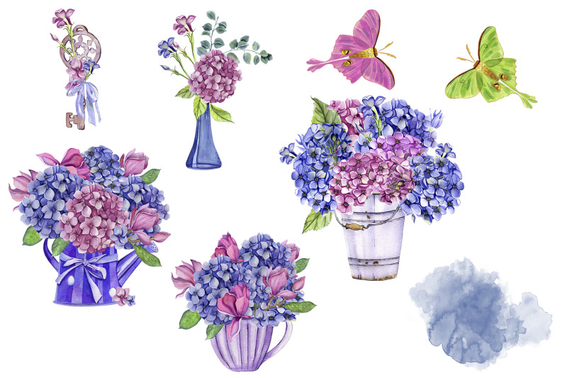 watercolor-hydrangea-flowers-clipart-butterflies-clipart