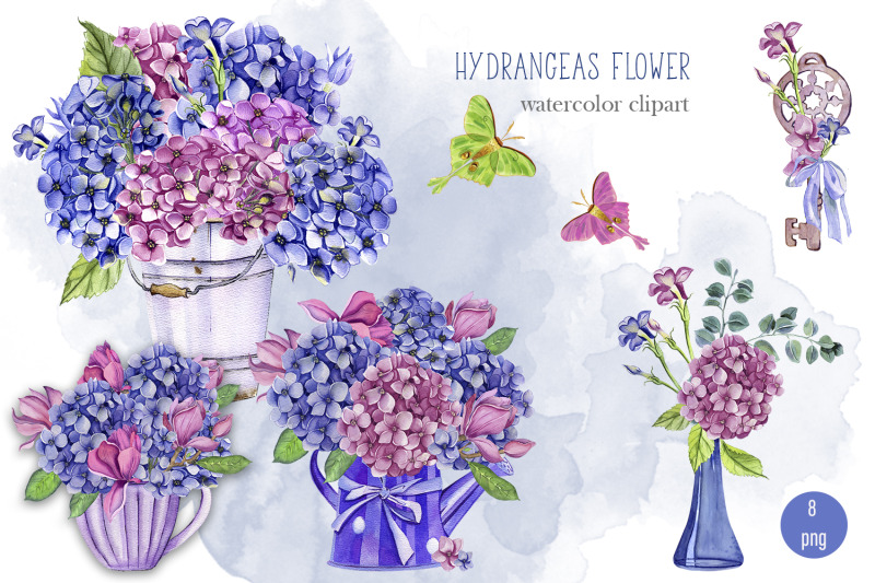 watercolor-hydrangea-flowers-clipart-butterflies-clipart