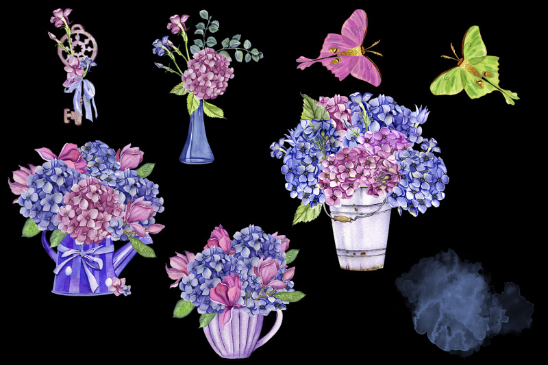 watercolor-hydrangea-flowers-clipart-butterflies-clipart