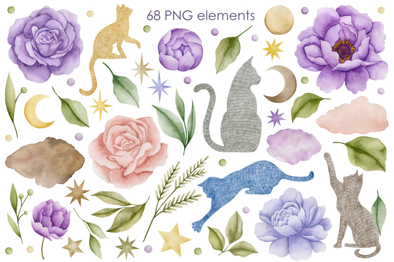 watercolor-cats-and-flowers-clipart