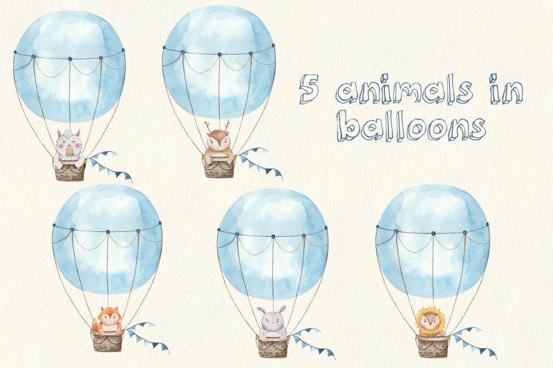 set-of-cute-watercolor-traced-animals-in-air-balloons