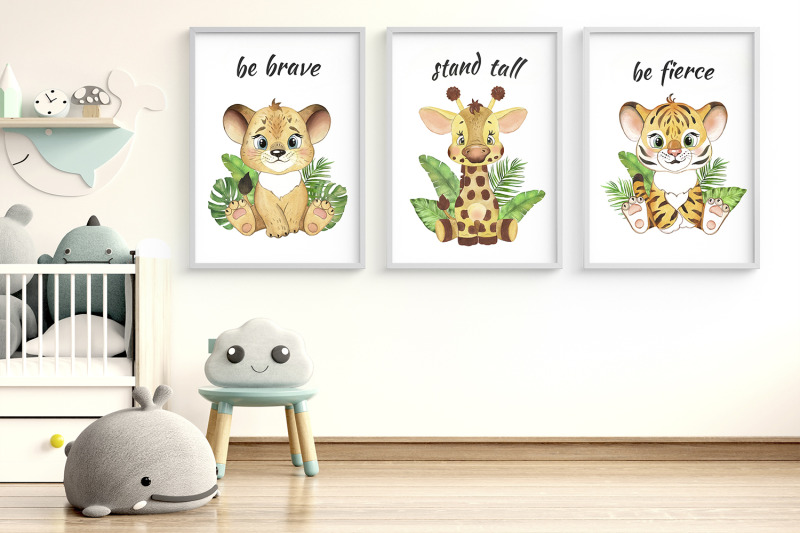 safari-animals-watercolor-posters-baby-room-wall-decor