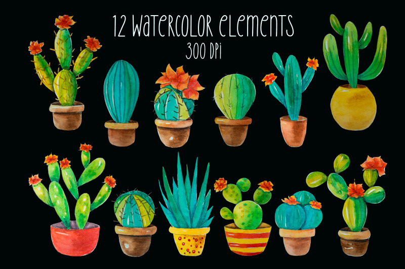 cactus-watercolor-hand-painted-clipart-succulent-elements