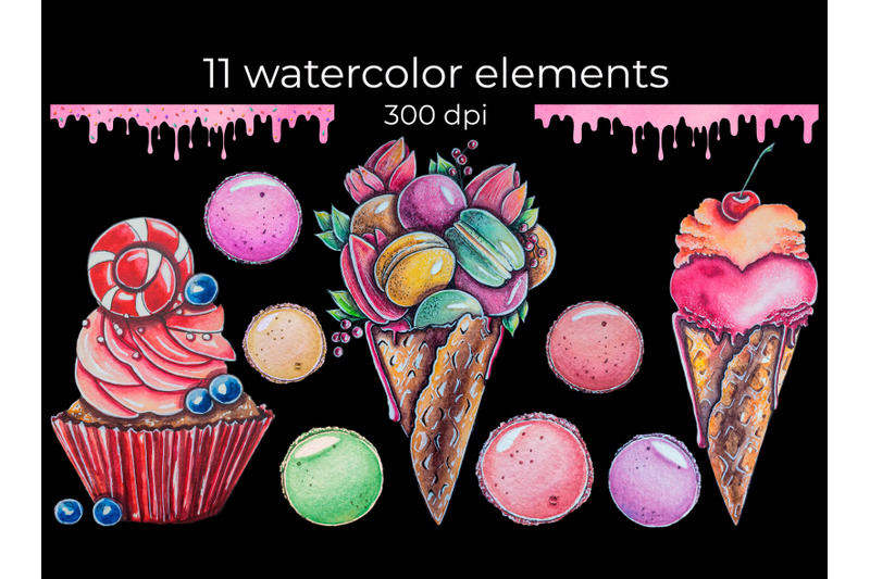 ice-cream-macarons-watercolor-hand-painted-clipart