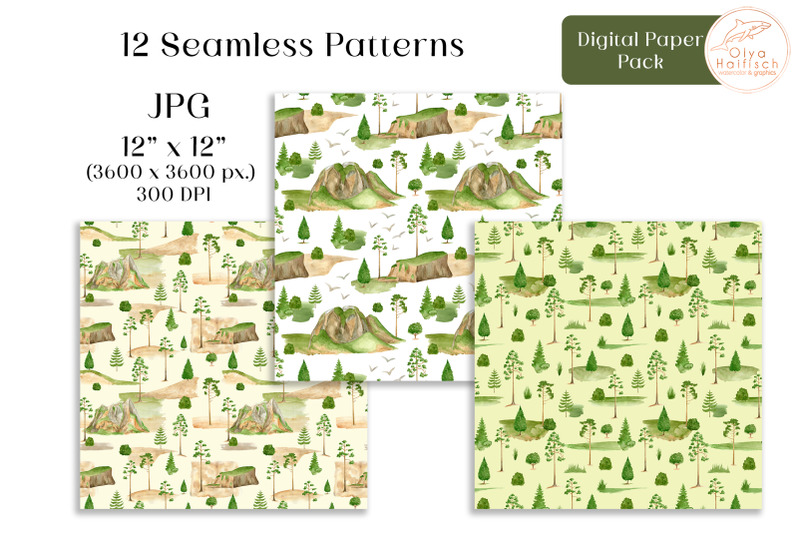 watercolor-mountains-digital-paper-forest-landscape-seamless-patterns