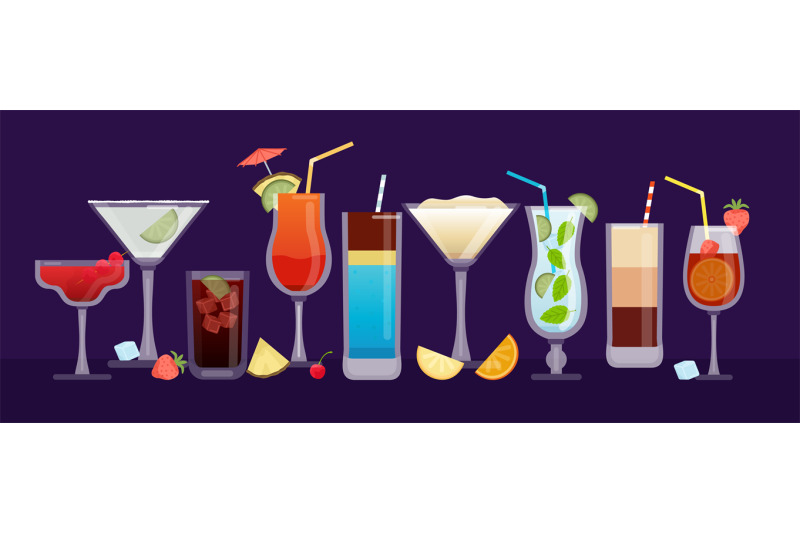 alcohol-cocktails-banner-with-drinks-in-glasses-fruit-and-ice-cubes