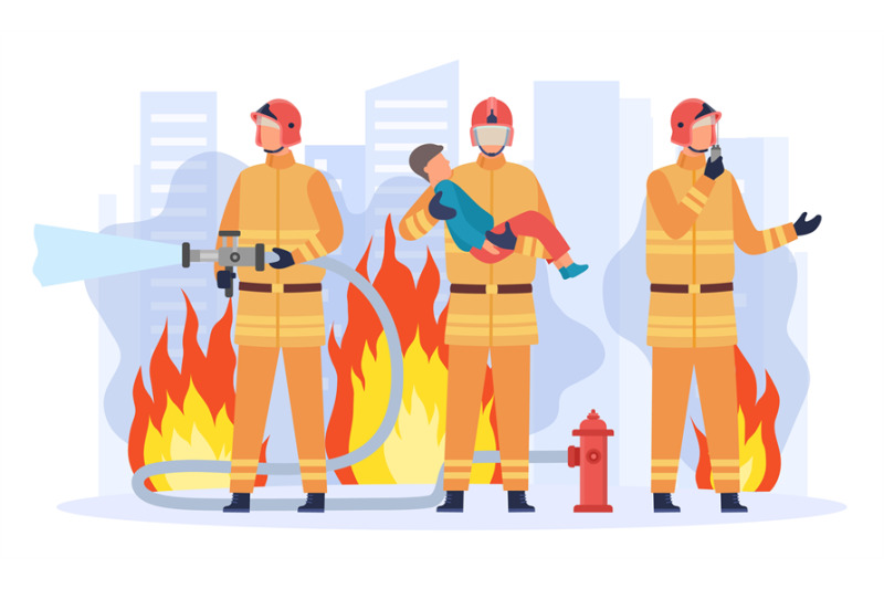 flat-firefighter-department-team-group-saving-city-from-fire-fireman