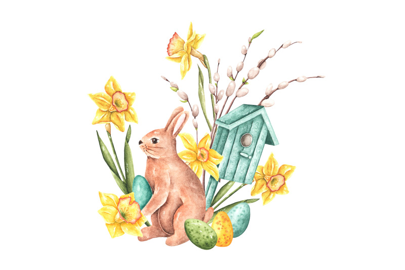 easter-bunny-watercolor-illustration-happy-easter-daffodils-eggs