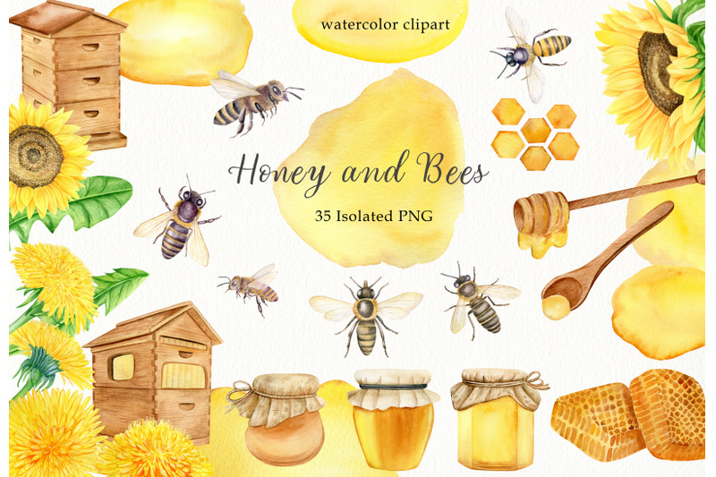 watercolor-honey-and-bees-clipart-hand-painted-beekeeping-honeybee-png