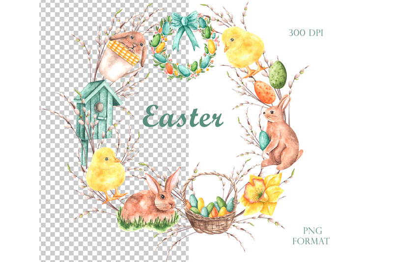happy-easter-watercolor-wreath-frame-easter-clipart-easter-bunny