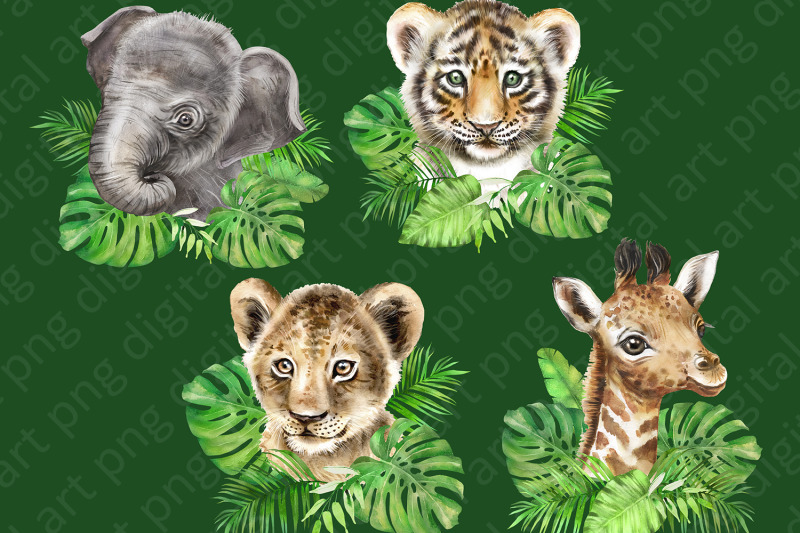 african-animals-watercolor-set-lion-cub-elephant-tiger-cub-giraffe