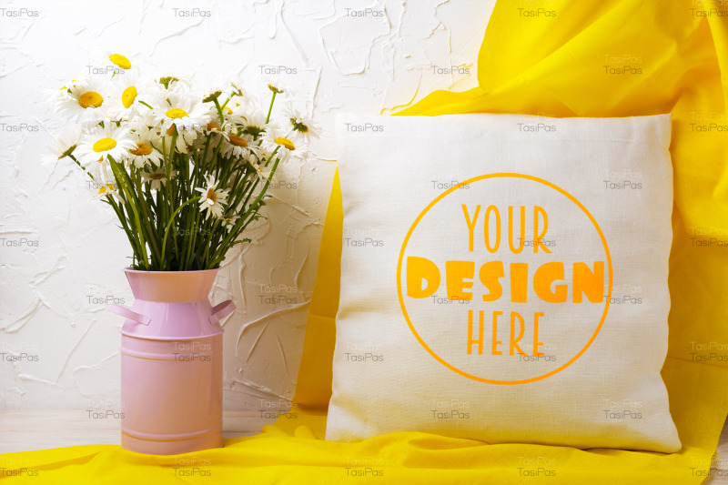 pillow-mockup-with-daisy-flowers-and-yellow-scarf