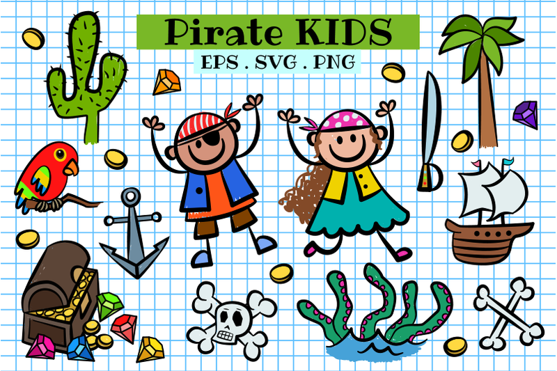 pirate-kids-vector-doodle-clipart-set