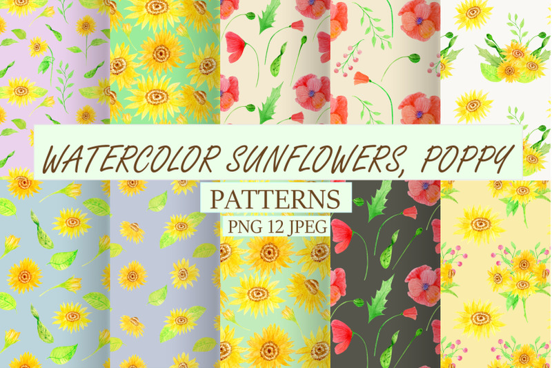 watercolor-sunflowers-poppy-seamless-patterns