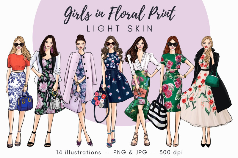 girls-in-floral-print-light-skin-watercolor-fashion-clipart