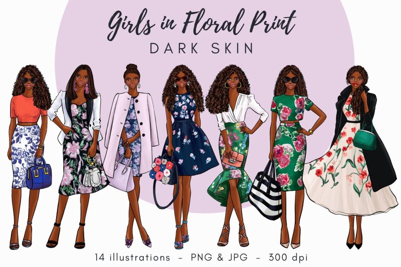 girls-in-floral-print-dark-skin-watercolor-fashion-clipart