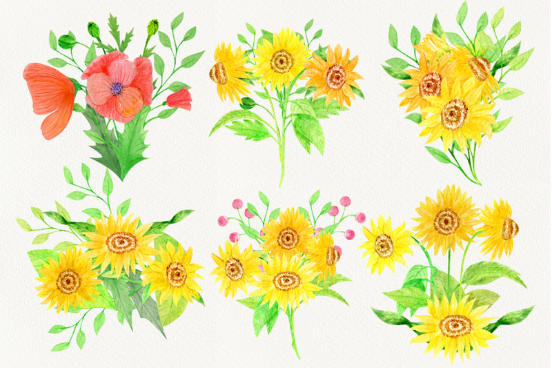 watercolor-arrangements-sunflowers-poppy