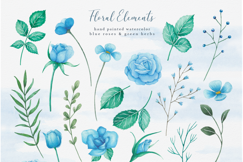 blue-roses-and-green-herbs-watercolor-elements