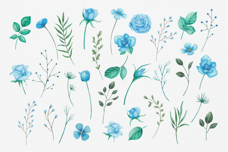 blue-roses-and-green-herbs-watercolor-elements