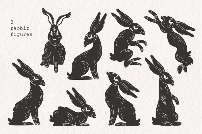 rabbits-linocut-vector-collection