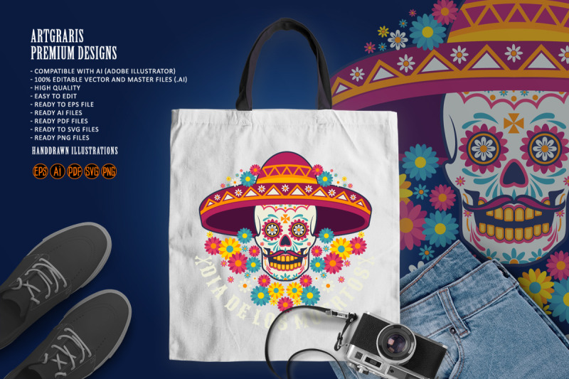 head-sugar-skull-muertos-mexican-illustration