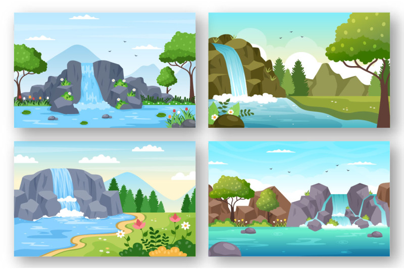 12-waterfall-landscape-flat-design-illustration